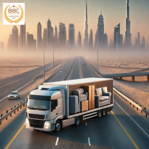Relocation from Dubai UAE to Saudi Arabia 10 truck with logo top left